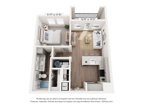 A 3D floor plan of a small apartment with a kitchen, living room, and bathroom.